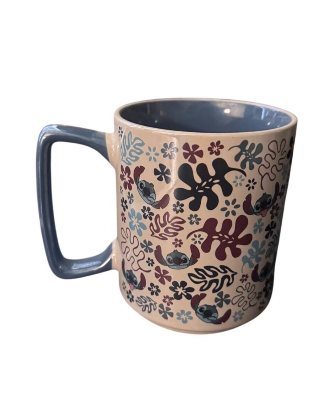 Disney Stitch Ceramic Mug With Floral Design Blue Interior 3.5" Tall Not Dishwas